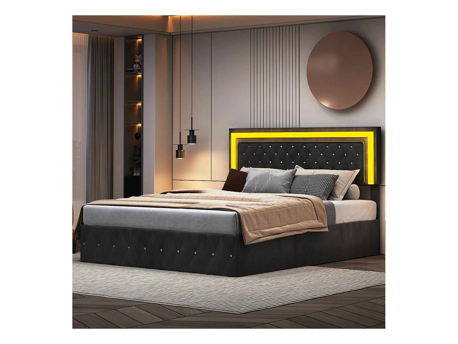 Elegant gestoffeerd bed 180x200 met groot opklapbaar hoofdeinde, fluwelen bed met LED-verlichting, hydraulisch opbergsysteem, klassiek zwart bed