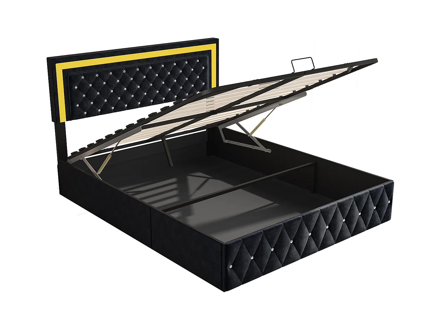 Elegant gestoffeerd bed 180x200 met groot opklapbaar hoofdeinde, fluwelen bed met LED-verlichting, hydraulisch opbergsysteem, klassiek zwart bed