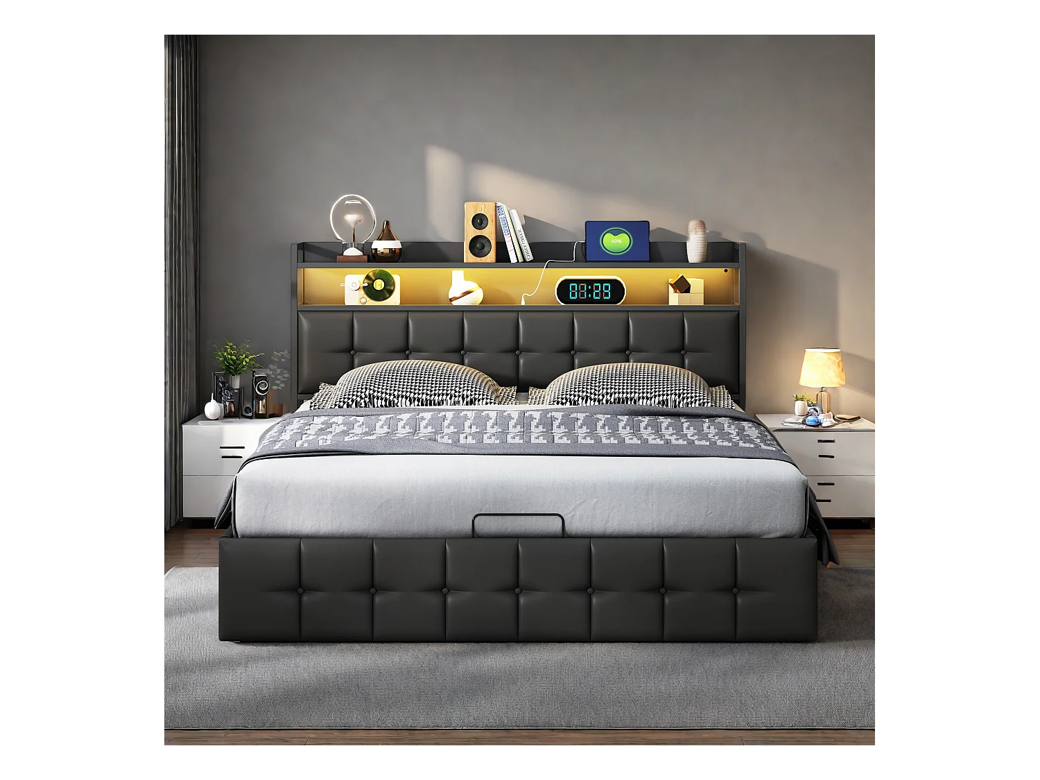 Cama multifuncional 140x200 cm em couro PU preto com LED RGB, armazenamento hidráulico, tomadas integradas e carregador europeu