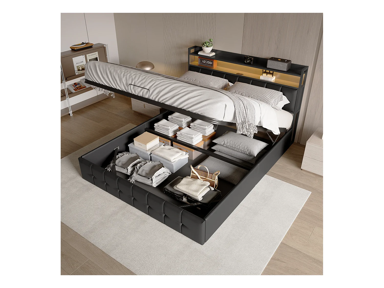 Cama multifuncional 140x200 cm em couro PU preto com LED RGB, armazenamento hidráulico, tomadas integradas e carregador europeu