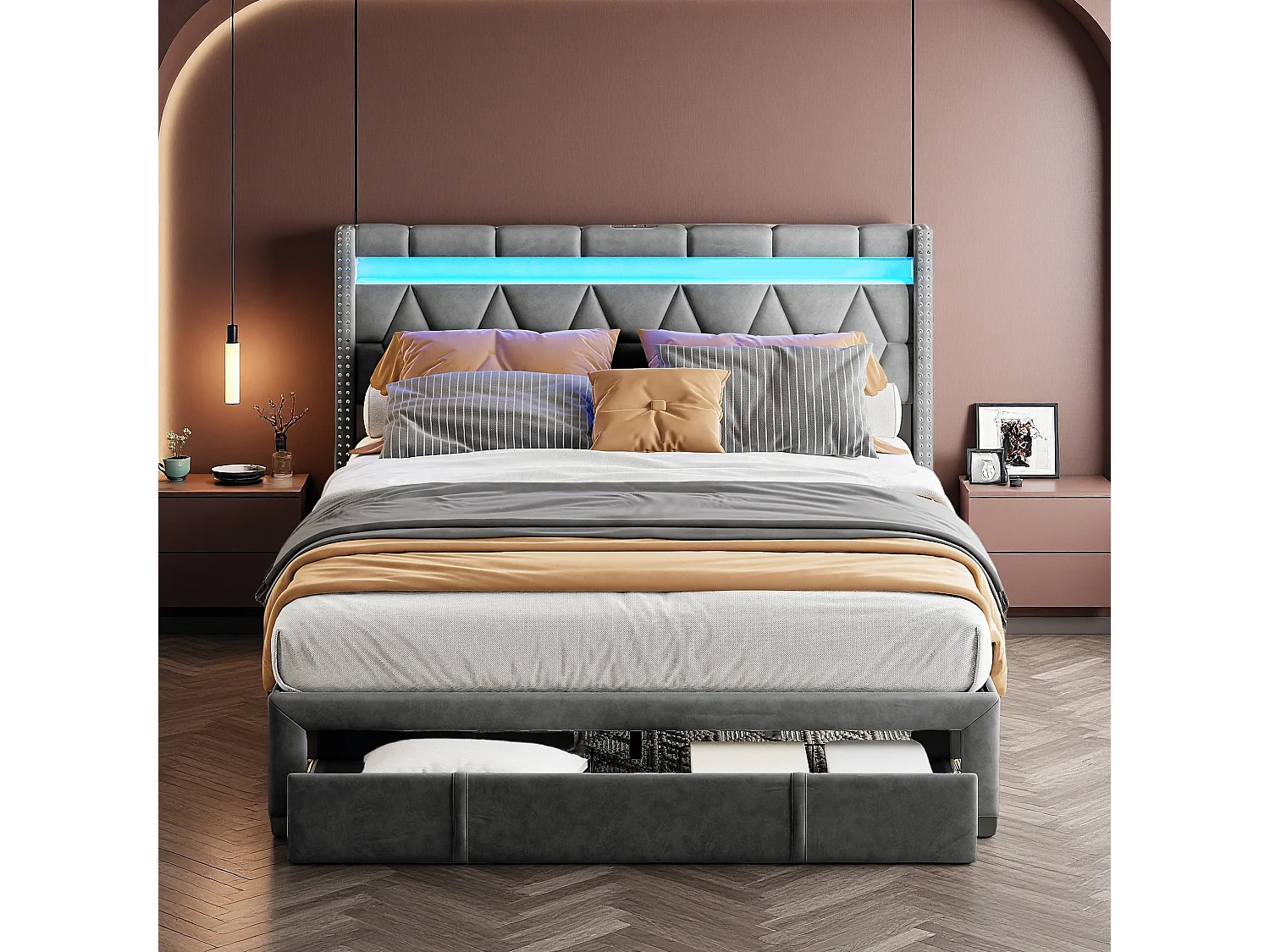 Lit 160x200 cm avec tête de lit losange, éclairage LED et ports USB, 4 tiroirs en métal, revêtement en lin gris, design moderne et pratique