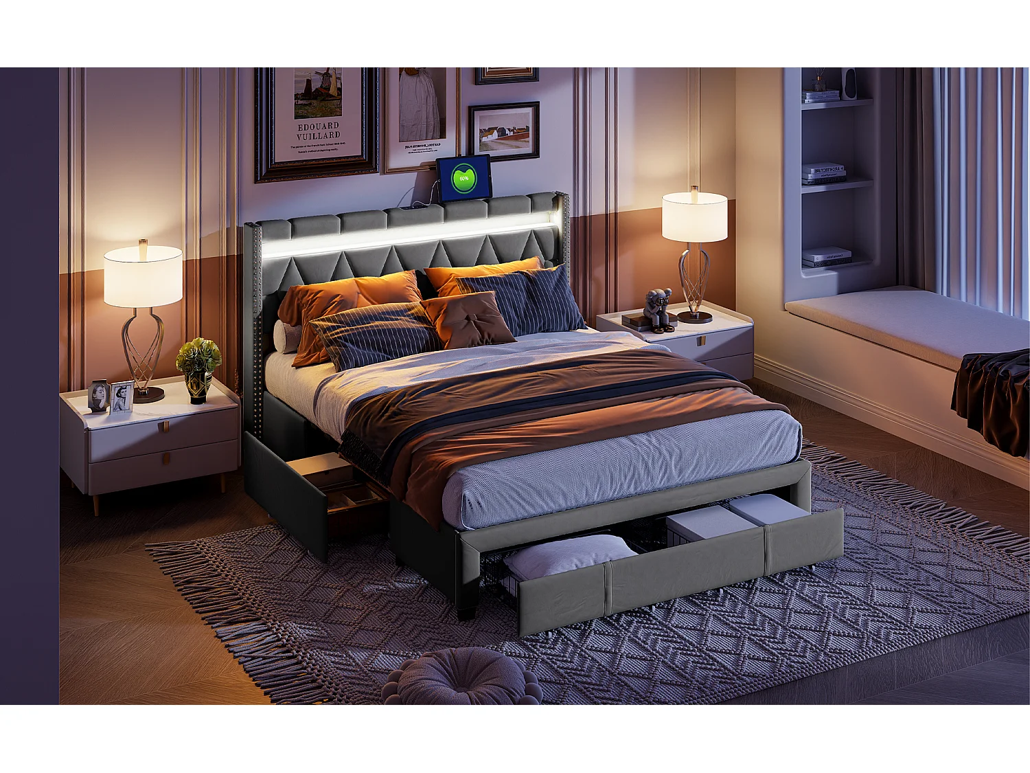 Lit 160x200 cm avec tête de lit losange, éclairage LED et ports USB, 4 tiroirs en métal, revêtement en lin gris, design moderne et pratique