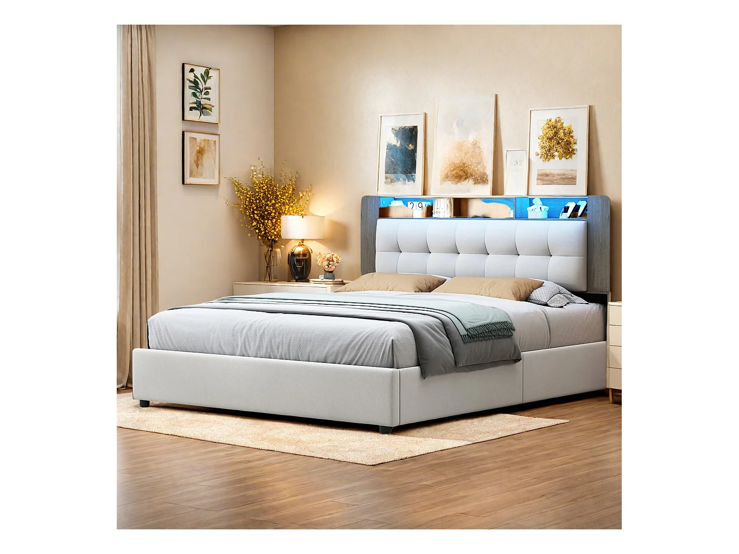 Lit en velours blanc cassé 140x200cm avec dossier, rangement en tête de lit, recharge sans fil, LED d'ambiance et rangement hydraulique