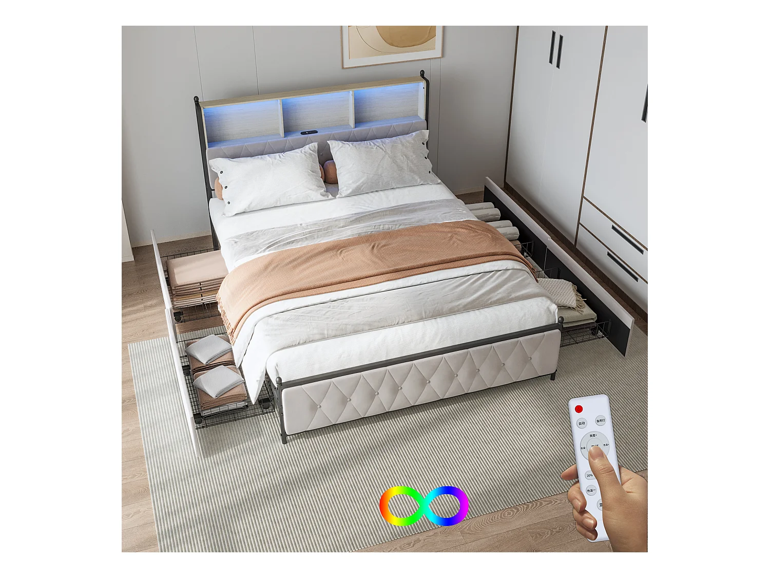 Letto 140x200 cm in velluto beige con cassetti, testiera LED multicolore, USB/Type-C e contenitore sotto il letto