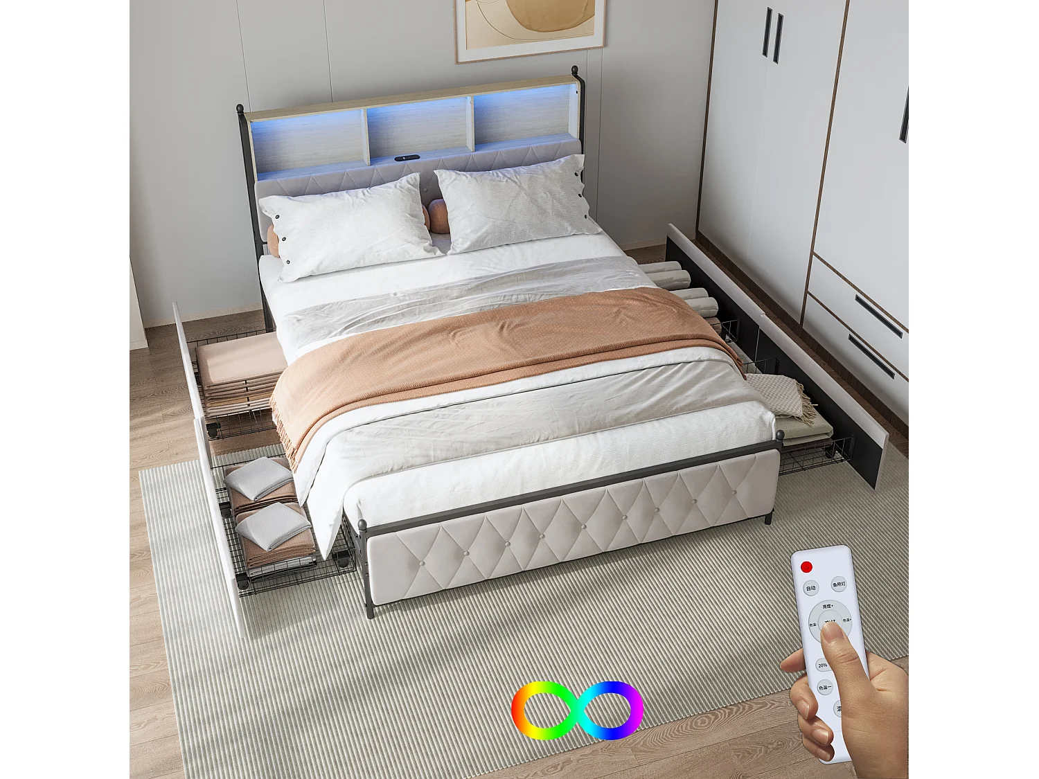 Lit 140x200 cm en velours beige avec tiroirs, tête de lit LED multicolore, USB/Type-C et rangement sous lit