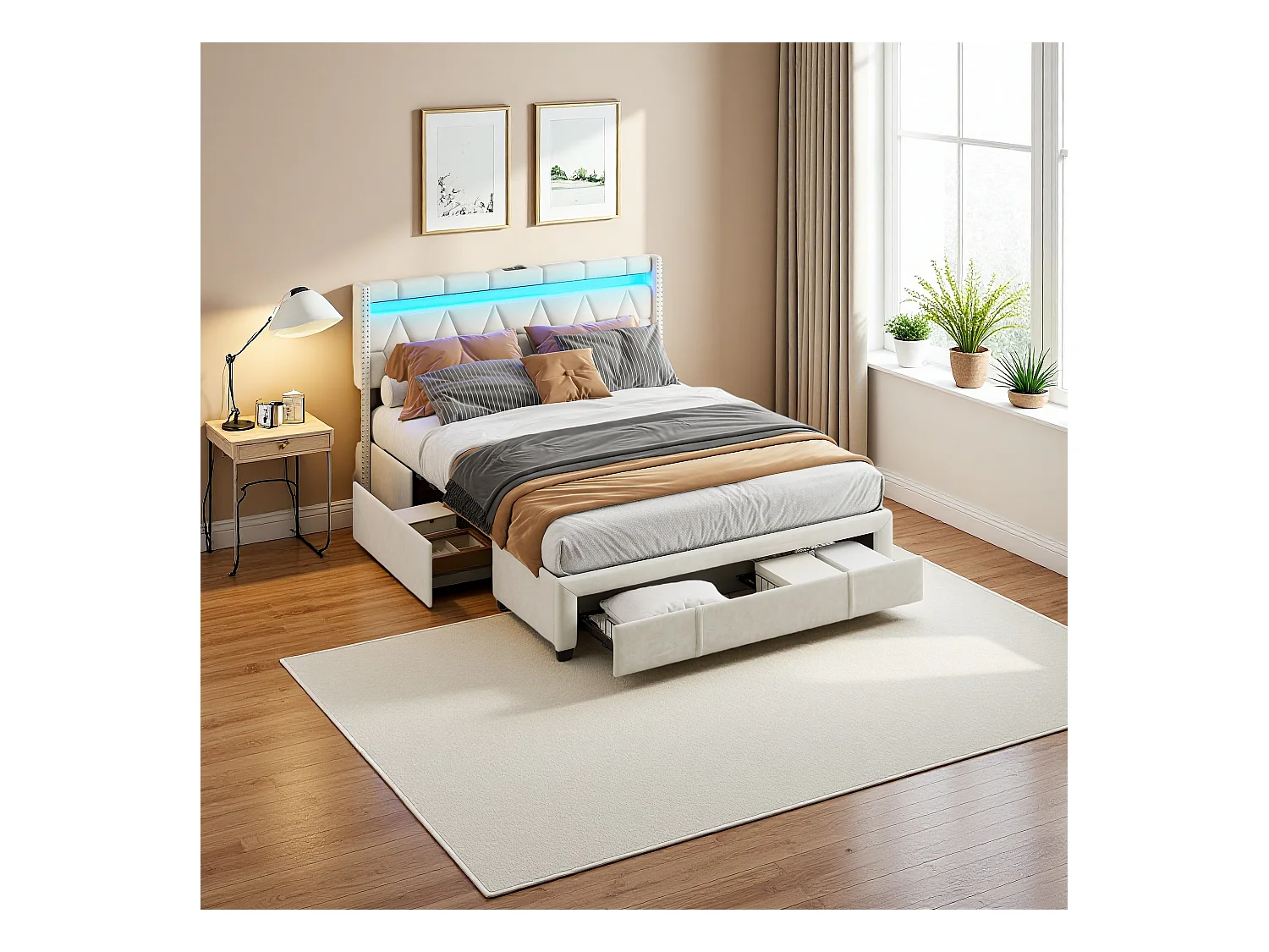 Cama 140x200 cm com cabeceira diamante, iluminação LED e portas USB, 4 gavetas metálicas, estofamento em linho bege, design moderno e prático