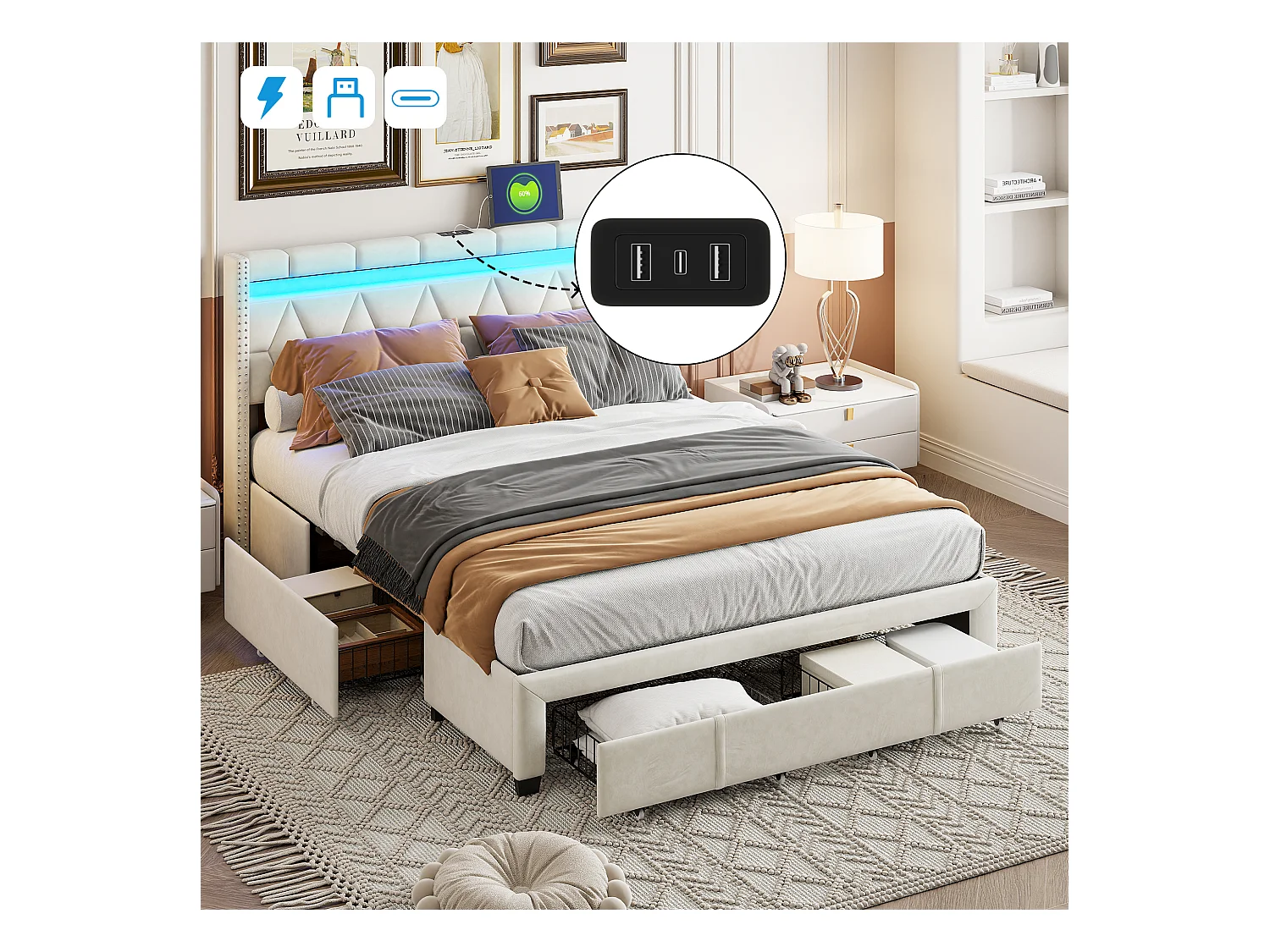 Cama 140x200 cm com cabeceira diamante, iluminação LED e portas USB, 4 gavetas metálicas, estofamento em linho bege, design moderno e prático