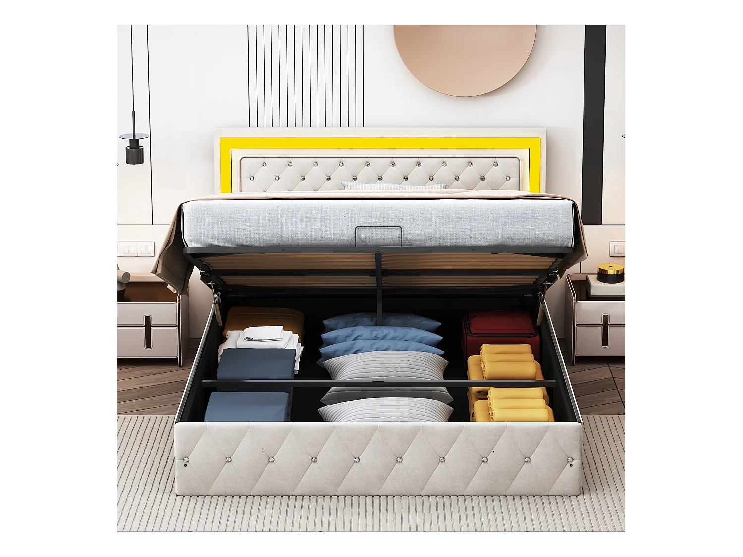 Elegante letto imbottito 160x200 con ampia testiera sollevabile, letto in velluto con LED, sistema contenitore idraulico, elegante letto beige