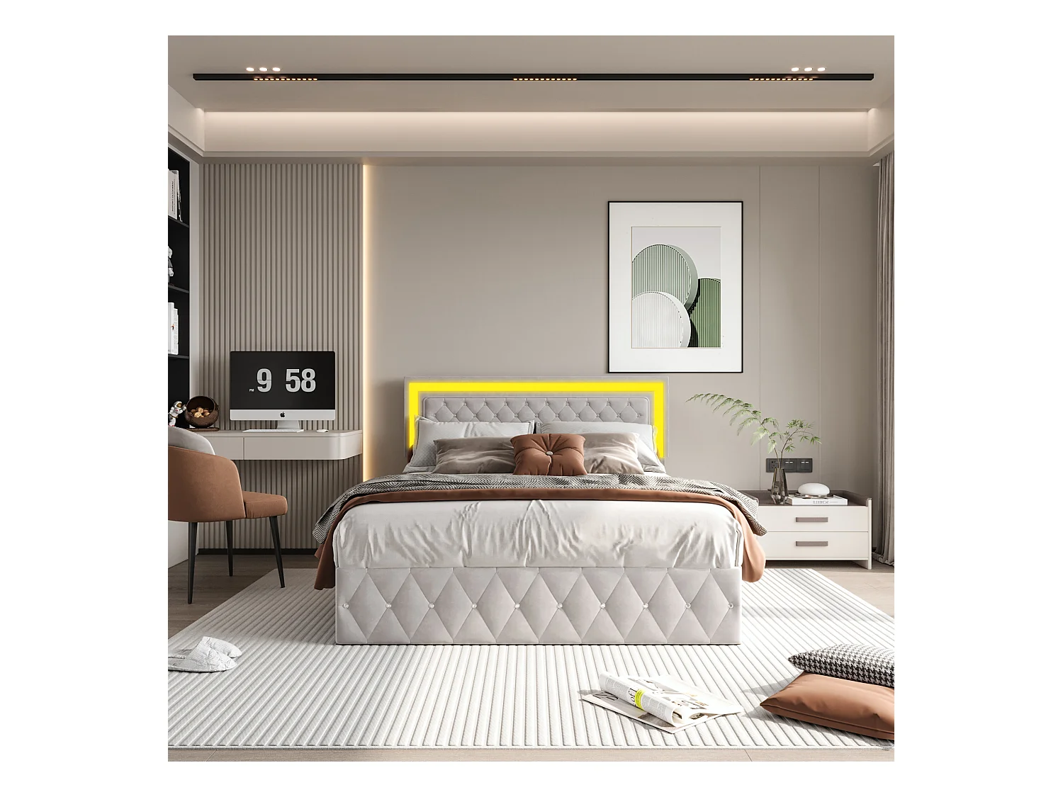 Elegante letto imbottito 160x200 con ampia testiera sollevabile, letto in velluto con LED, sistema contenitore idraulico, elegante letto beige
