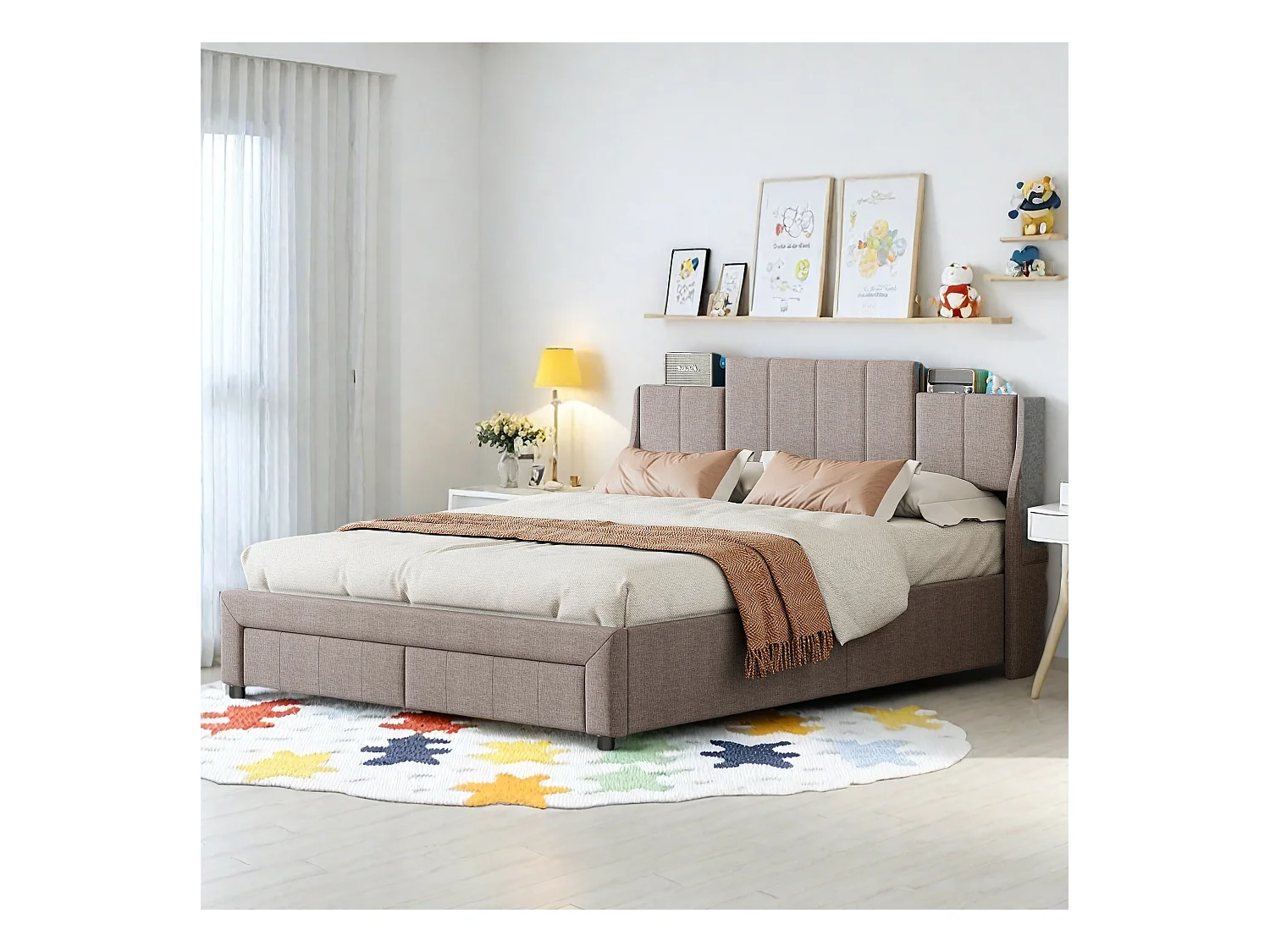Lit double 160x200 cm en tissu aspect lin gris avec 2 tiroirs, tête de lit avec poches latérales, rangements intégrés et éclairage LED d’ambiance