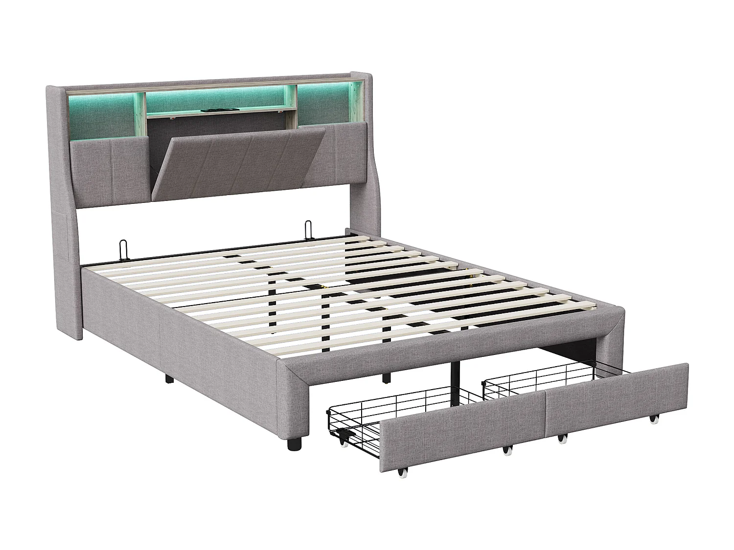 Cama de casal 160x200 cm em tecido cinza efeito linho com 2 gavetas, cabeceira com bolsos laterais, arrumação integrada e iluminação ambiente LED