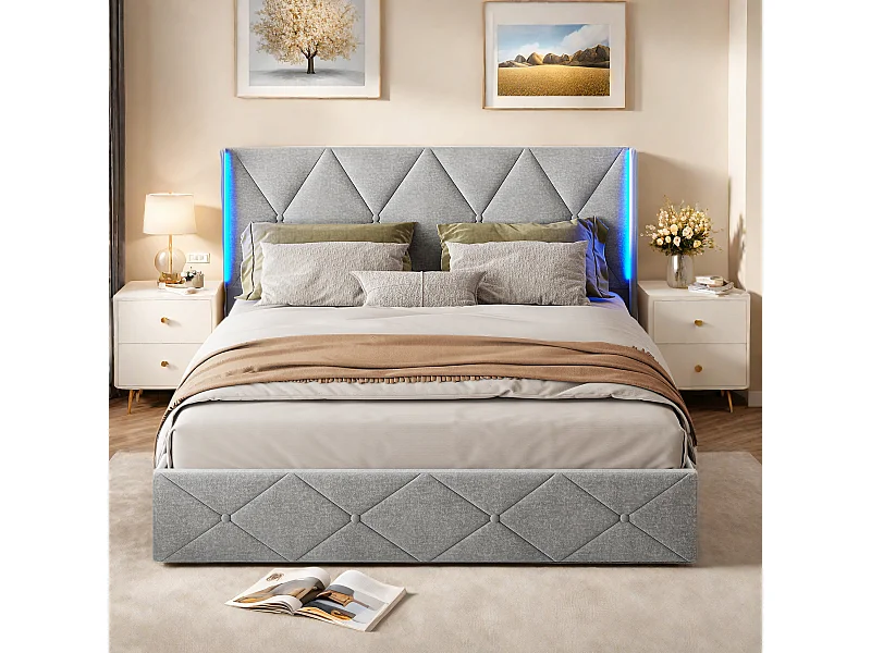 Letto contenitore 160x200 cm in velluto grigio satinato con lampada laterale sulla testiera, contenitore idraulico, facile da montare