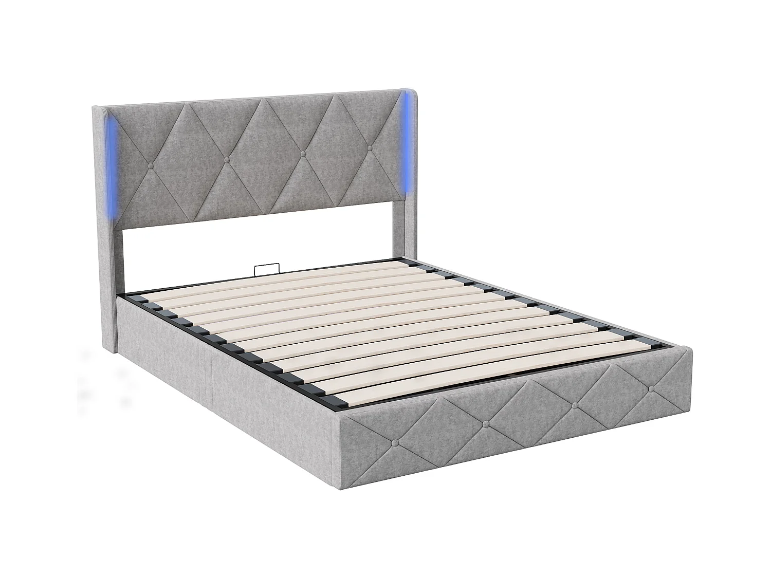 Cama de arrumação 160x200 cm em veludo cinza fosco com luz lateral na cabeceira, arrumação hidráulica, fácil de montar