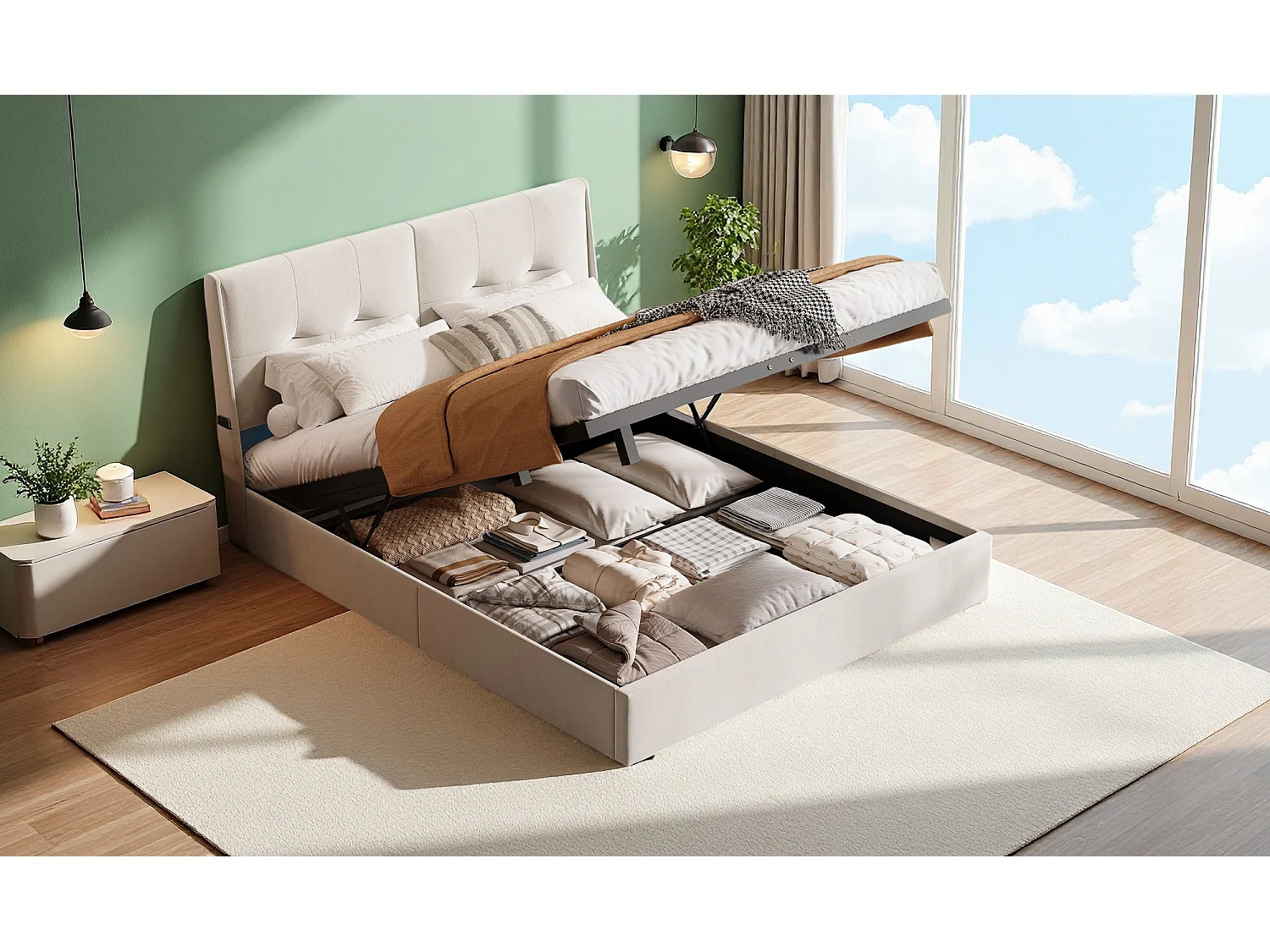 Lit coffre 160x200 cm en velours beige avec tête de lit à poches latérales, éclairage LED tête et pied de lit, design moderne et pratique