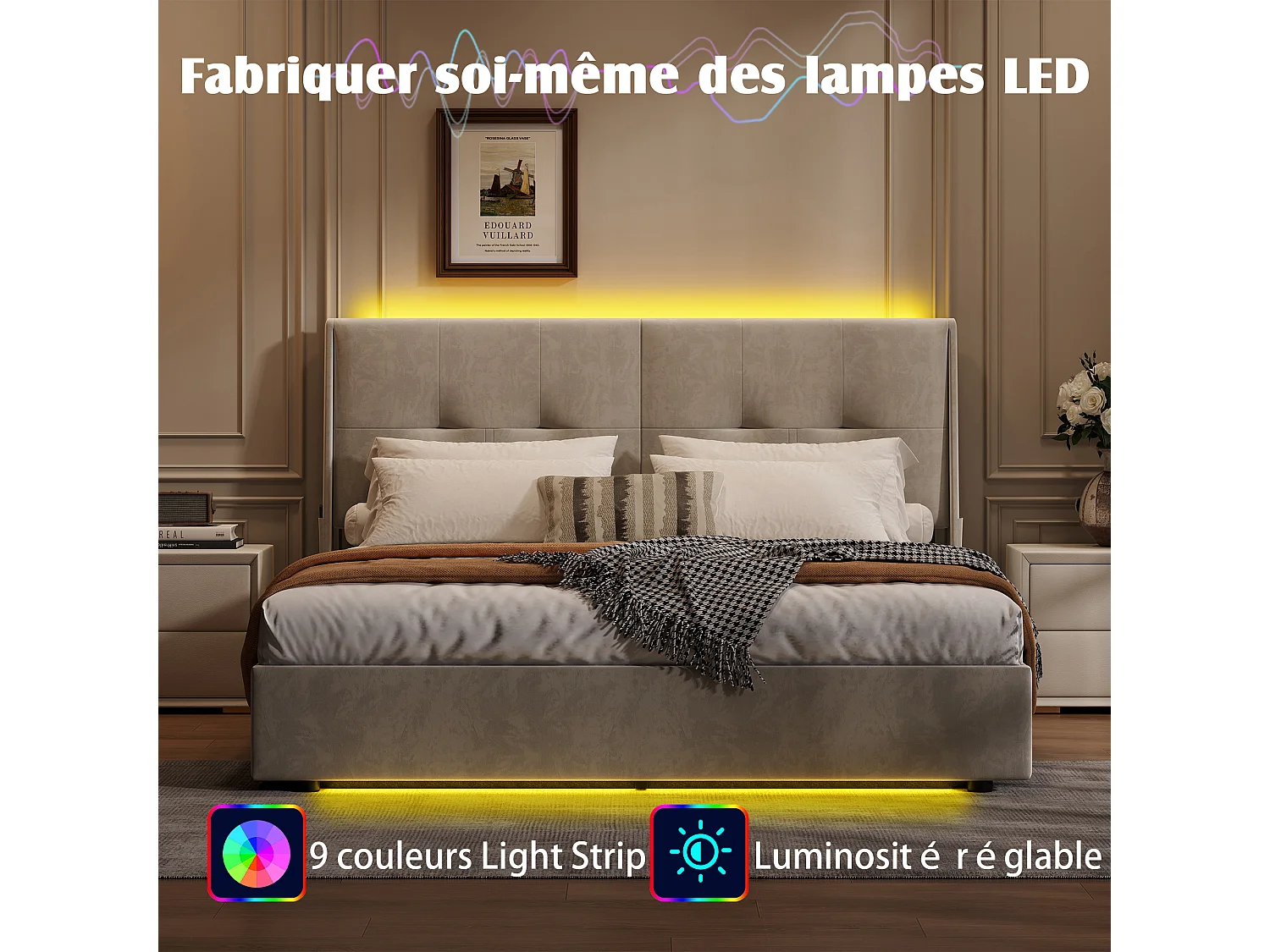 Lit coffre 160x200 cm en velours beige avec tête de lit à poches latérales, éclairage LED tête et pied de lit, design moderne et pratique