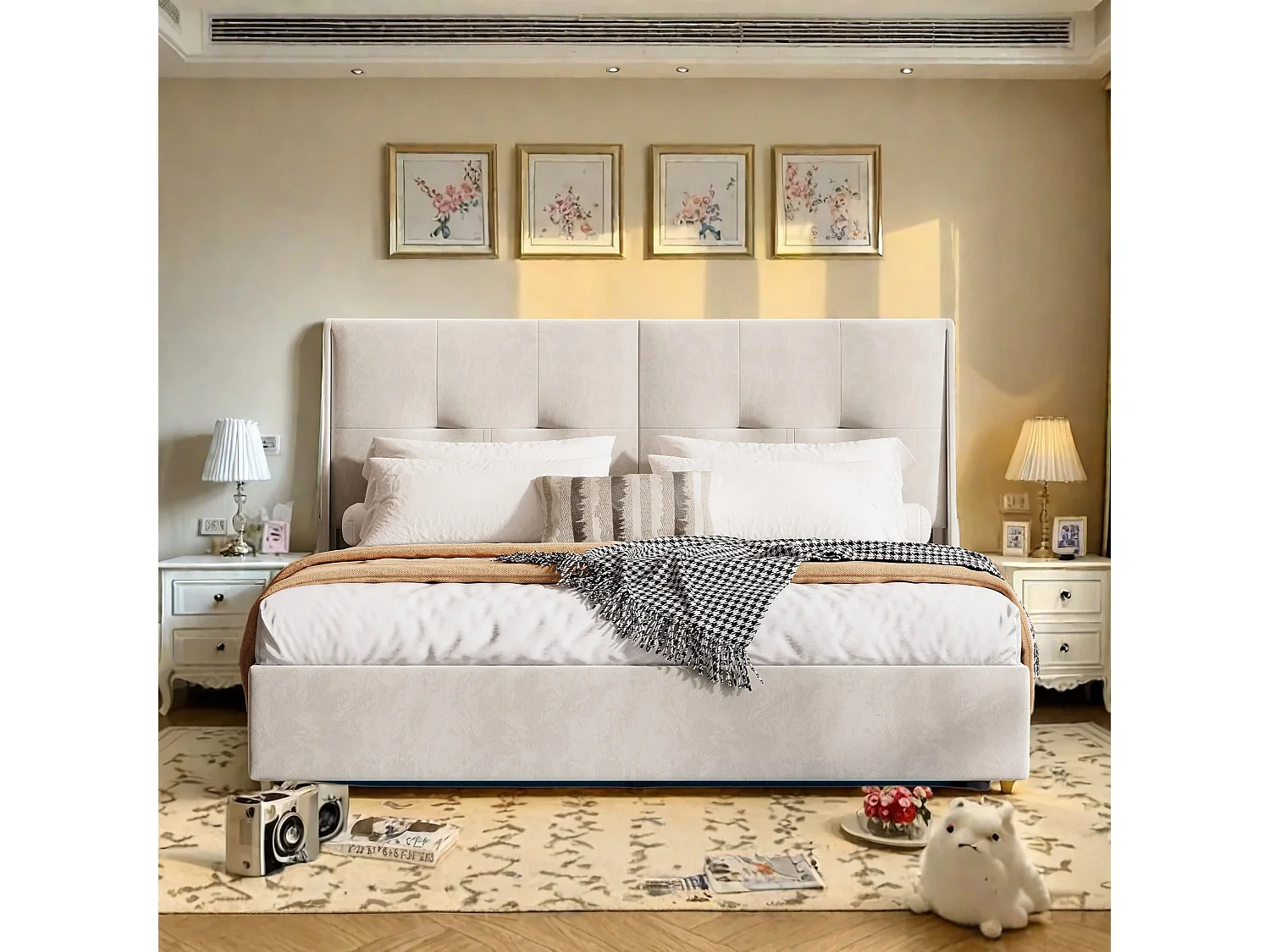 Lit coffre 160x200 cm en velours beige avec tête de lit à poches latérales, éclairage LED tête et pied de lit, design moderne et pratique