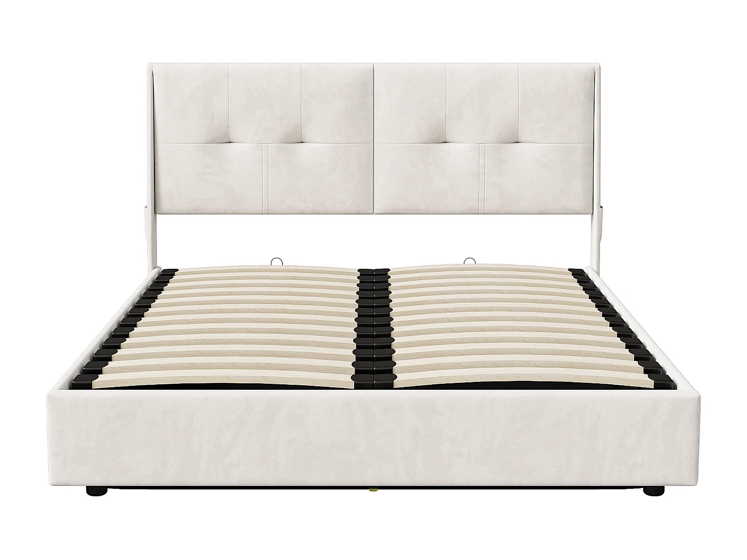 Lit coffre 160x200 cm en velours beige avec tête de lit à poches latérales, éclairage LED tête et pied de lit, design moderne et pratique