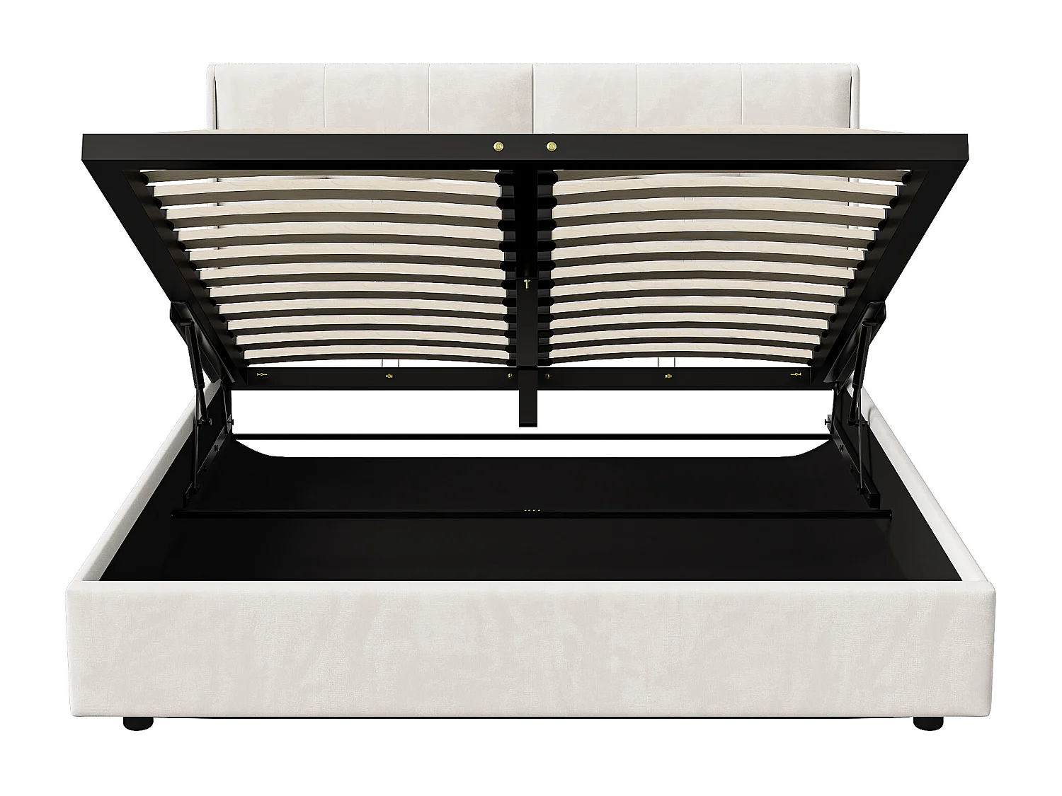 Lit coffre 160x200 cm en velours beige avec tête de lit à poches latérales, éclairage LED tête et pied de lit, design moderne et pratique