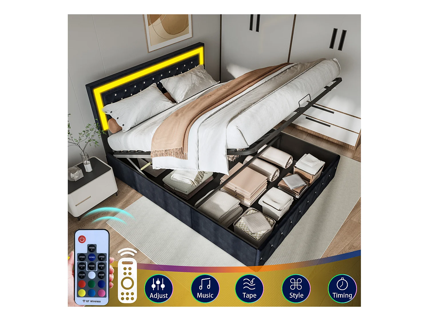 Elegant gestoffeerd bed 160x200 met groot opklapbaar hoofdeinde, fluwelen bed met LED-verlichting, hydraulisch opbergsysteem, klassiek zwart bed