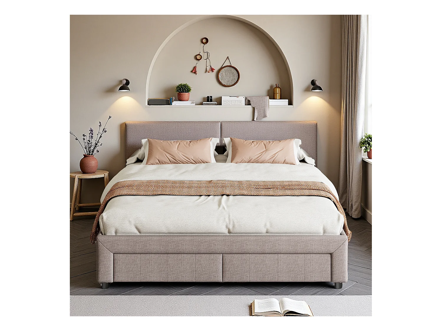 Letto matrimoniale 140x200 cm in tessuto effetto lino grigio con 2 cassetti, testiera con tasche laterali, contenitore integrato e illuminazione LED ambientale
