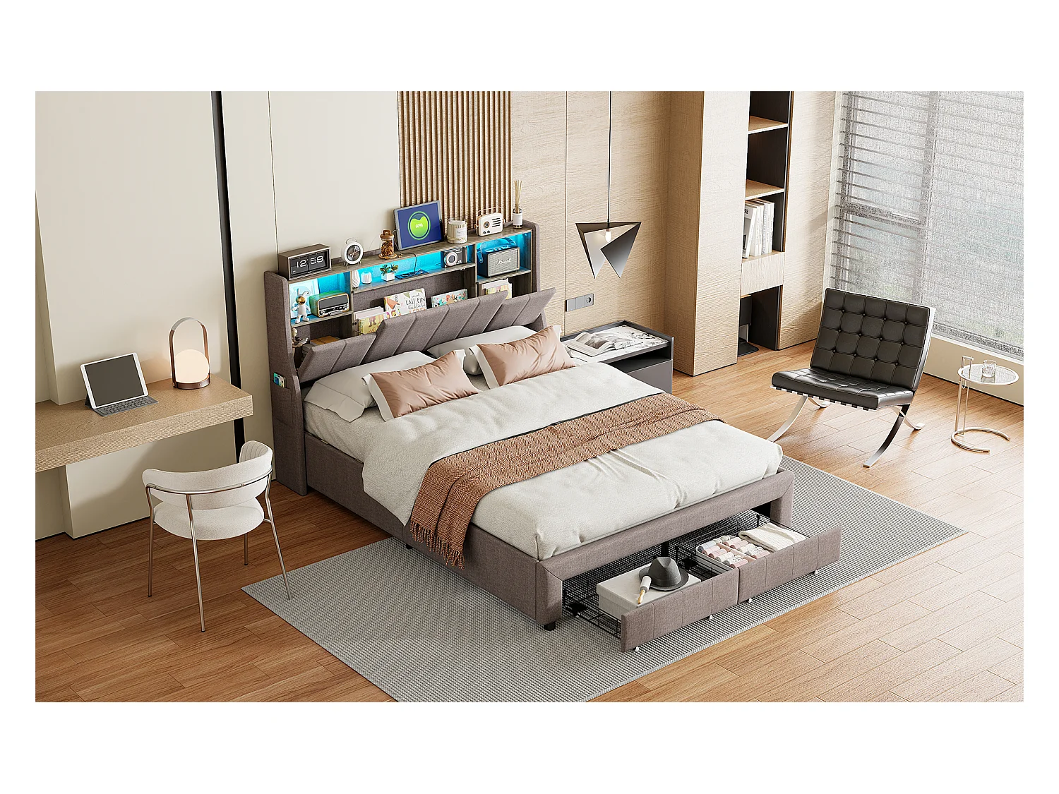 Letto matrimoniale 140x200 cm in tessuto effetto lino grigio con 2 cassetti, testiera con tasche laterali, contenitore integrato e illuminazione LED ambientale