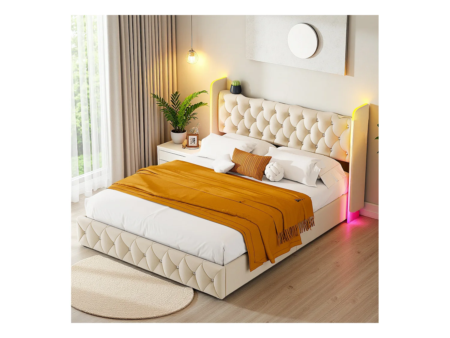 Lit coffre en velours beige 140x200 cm avec tête de lit rembourrée, LED, USB, pression d'air et protection contre les chocs