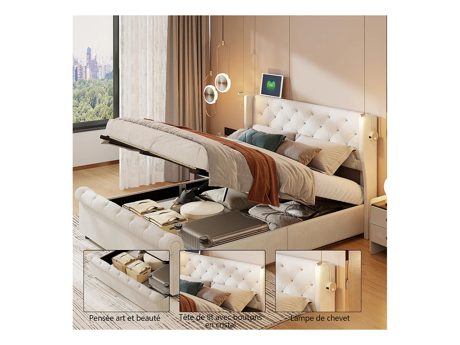 Letto contenitore 160x200 cm in velluto beige con contenitore idraulico, lampade da comodino integrate con porte USB e caricabatterie europeo