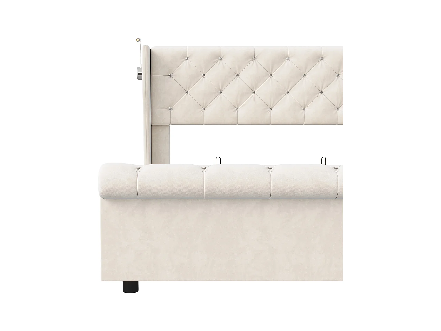 Letto contenitore 160x200 cm in velluto beige con contenitore idraulico, lampade da comodino integrate con porte USB e caricabatterie europeo