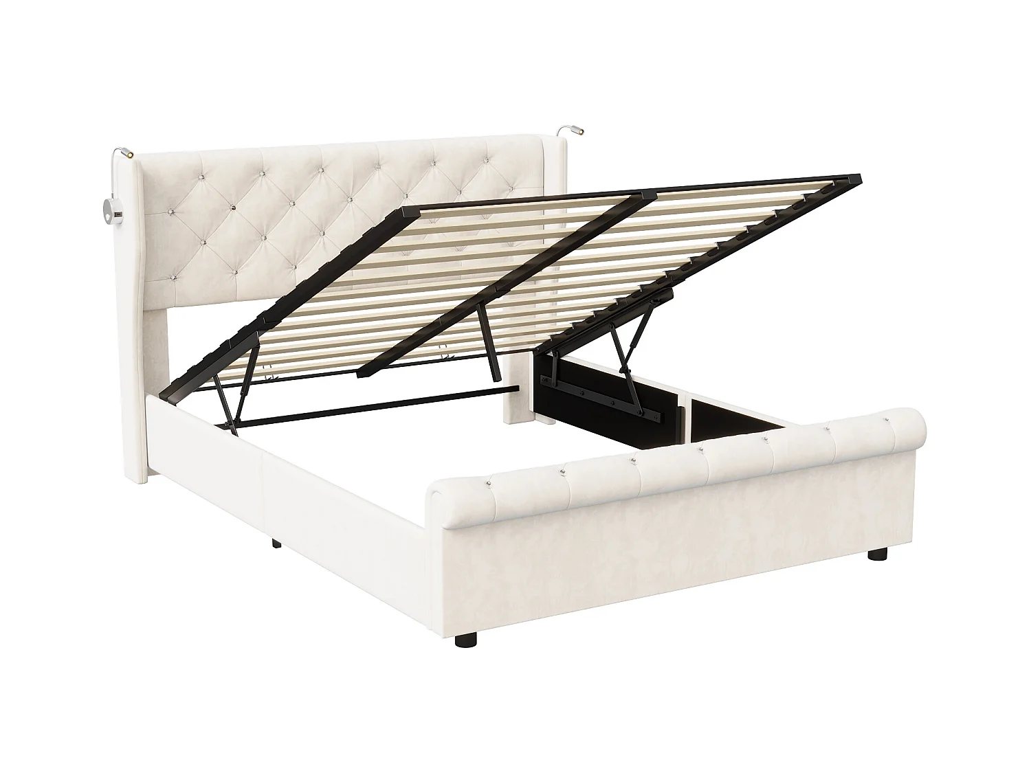 Letto contenitore 160x200 cm in velluto beige con contenitore idraulico, lampade da comodino integrate con porte USB e caricabatterie europeo