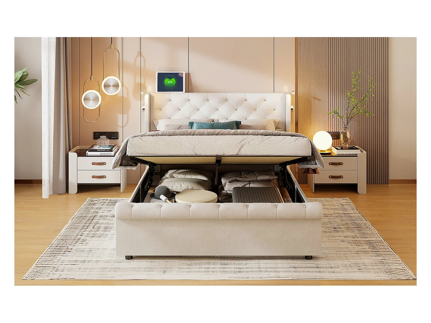 Letto contenitore 160x200 cm in velluto beige con contenitore idraulico, lampade da comodino integrate con porte USB e caricabatterie europeo