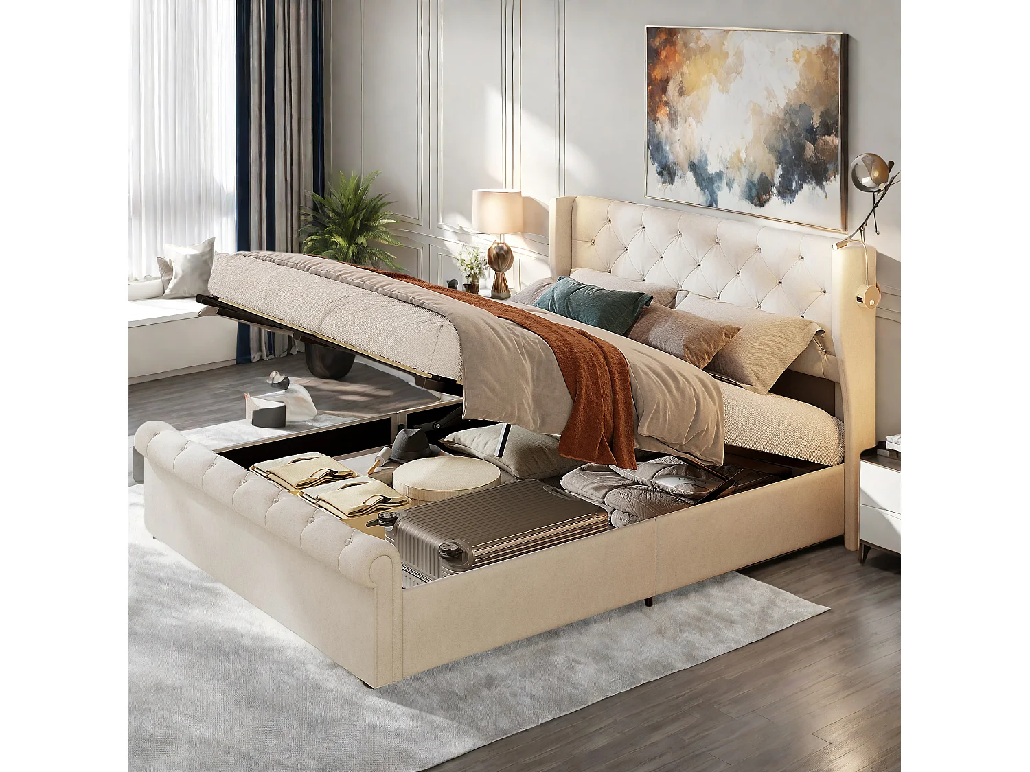 Lit coffre 160x200 cm en velours beige avec rangement hydraulique, lampes de chevet intégrées avec ports USB et chargeur européen