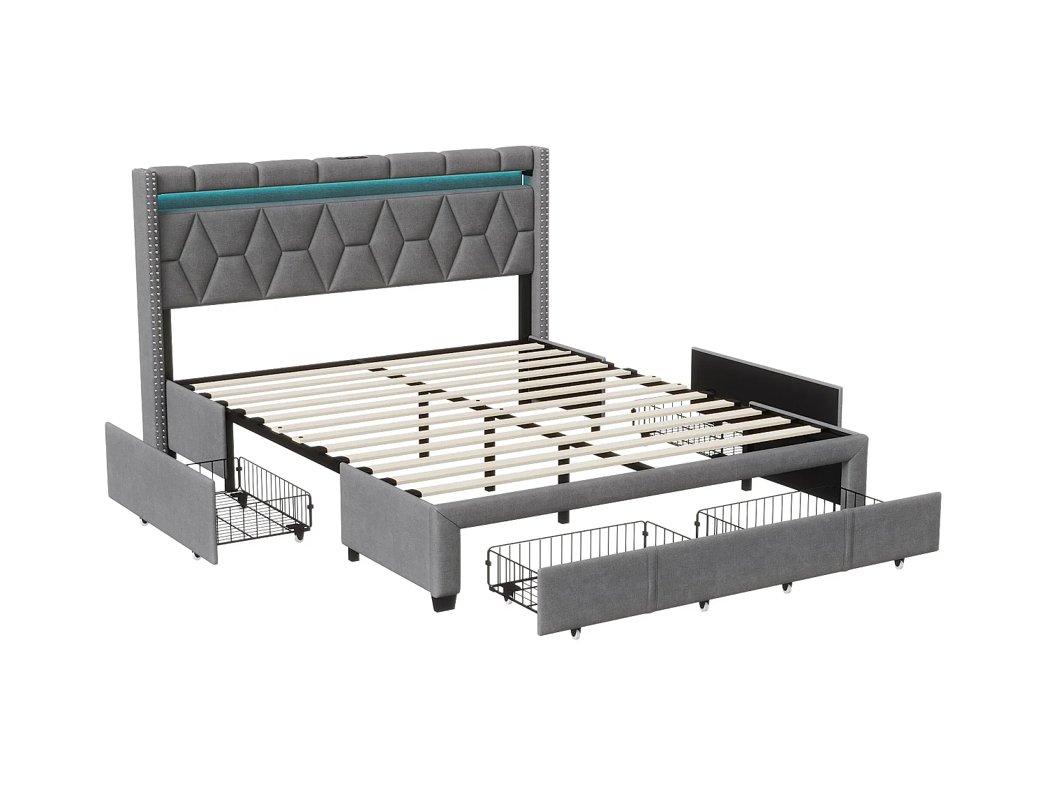 Cama 140x200 cm com cabeceira diamante, iluminação LED e portas USB, 4 gavetas metálicas, estofamento em linho cinza, design moderno e prático