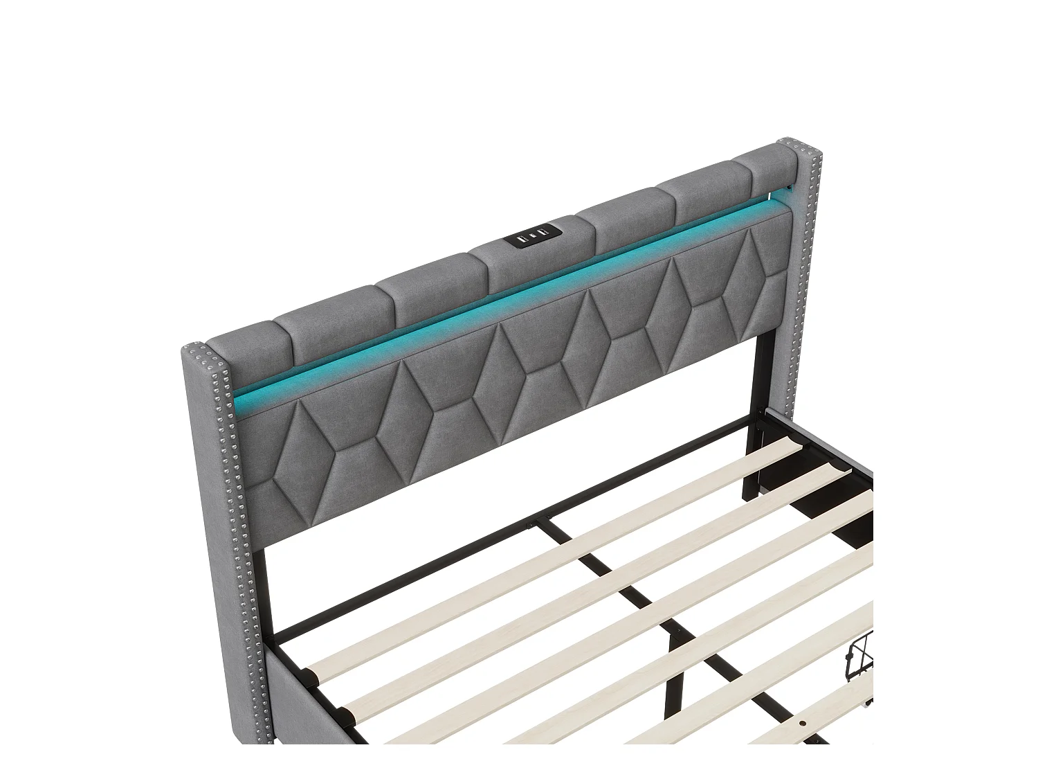 Cama 140x200 cm com cabeceira diamante, iluminação LED e portas USB, 4 gavetas metálicas, estofamento em linho cinza, design moderno e prático