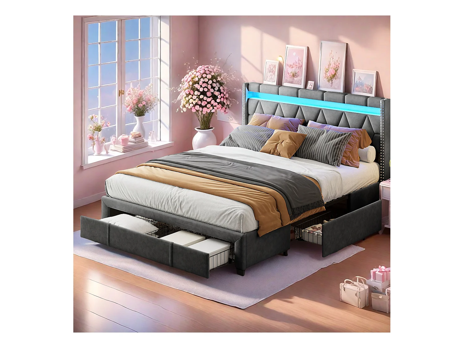 Lit 140x200 cm avec tête de lit losange, éclairage LED et ports USB, 4 tiroirs en métal, revêtement en lin gris, design moderne et pratique