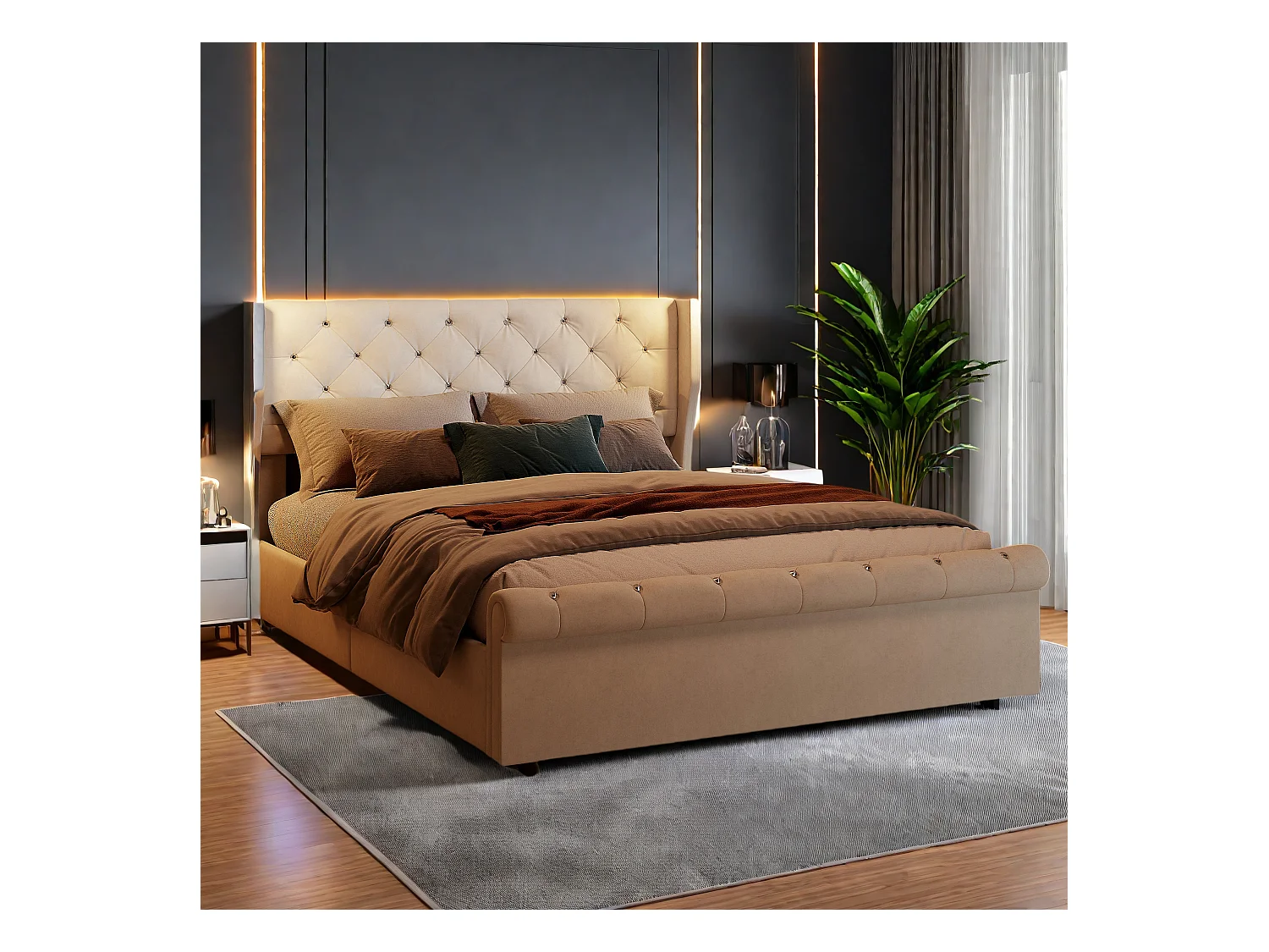Cama de 140x200 cm con canapé de terciopelo beige, almacenamiento hidráulico, lámparas de noche integradas con puertos USB y cargador europeo.