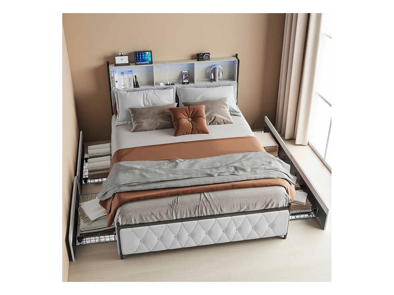 Letto 160x200 cm in velluto beige con cassetti, testiera LED multicolore, USB/Type-C e contenitore sotto il letto