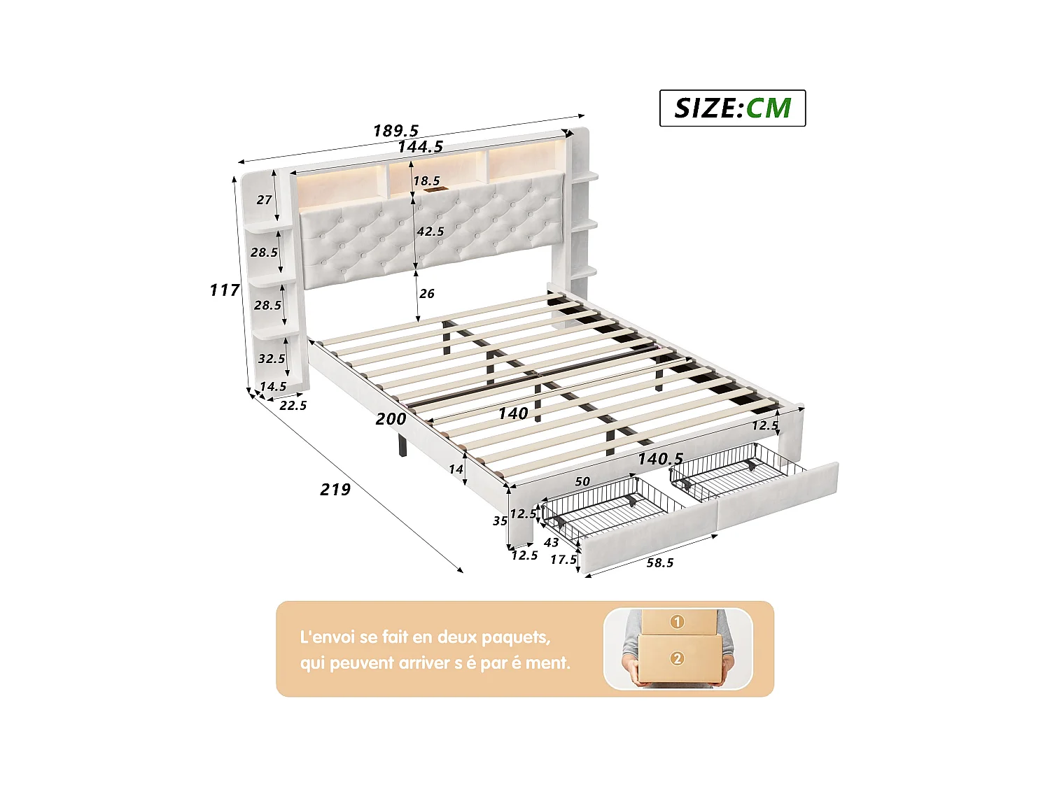 Cama de casal 140x200 cm estofada em veludo branco com gavetas de arrumação, LED ajustável e porta USB integrada