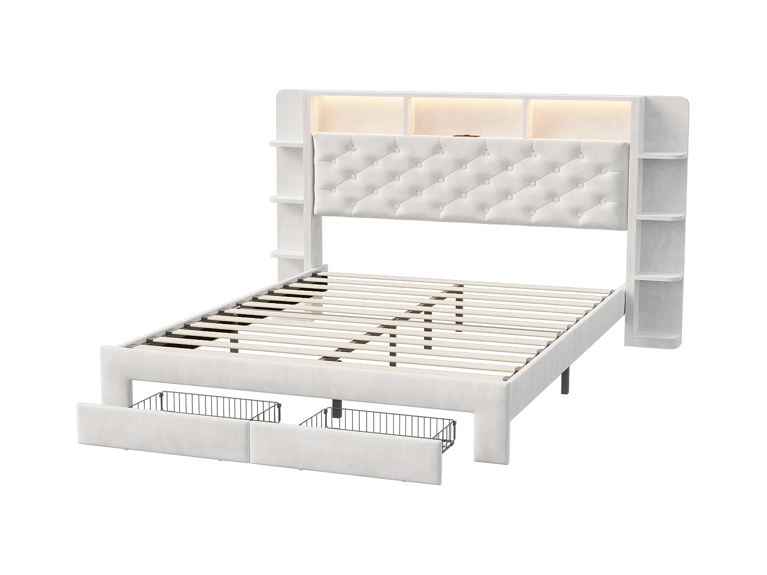 Cama de casal 140x200 cm estofada em veludo branco com gavetas de arrumação, LED ajustável e porta USB integrada