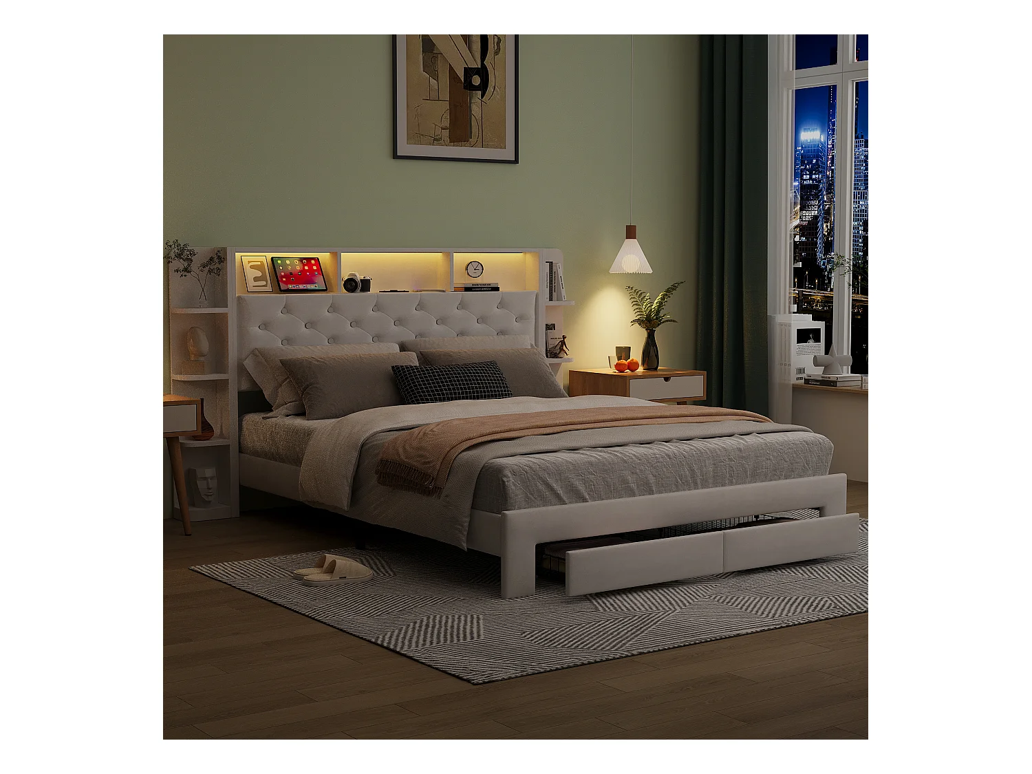 Cama de casal 140x200 cm estofada em veludo branco com gavetas de arrumação, LED ajustável e porta USB integrada