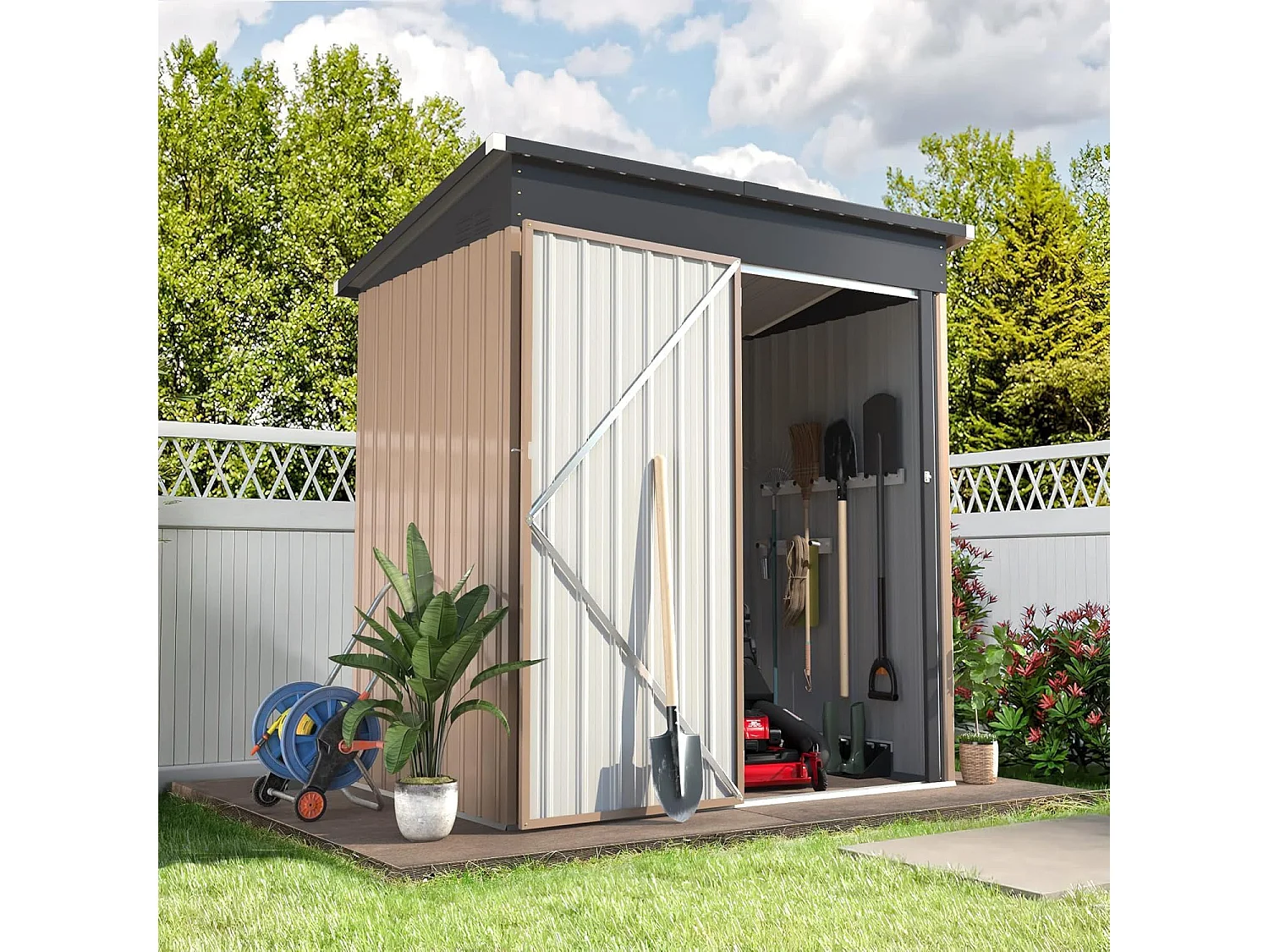 YODOLLA Abri de Jardin en Métal - Cabanon de Rangement Outils avec porte battante - 150 x 86 x 185 CM - Champagne