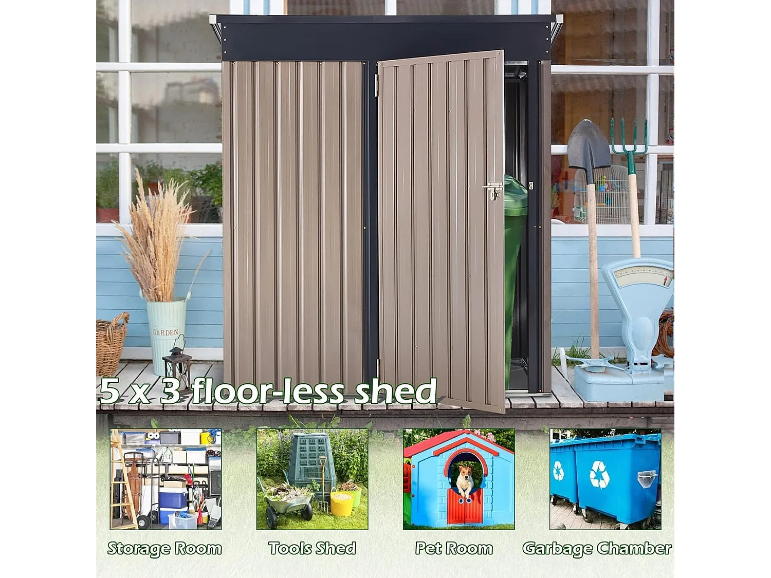 YODOLLA Abri de Jardin en Métal - Cabanon de Rangement Outils avec porte battante - 150 x 86 x 185 CM - Champagne