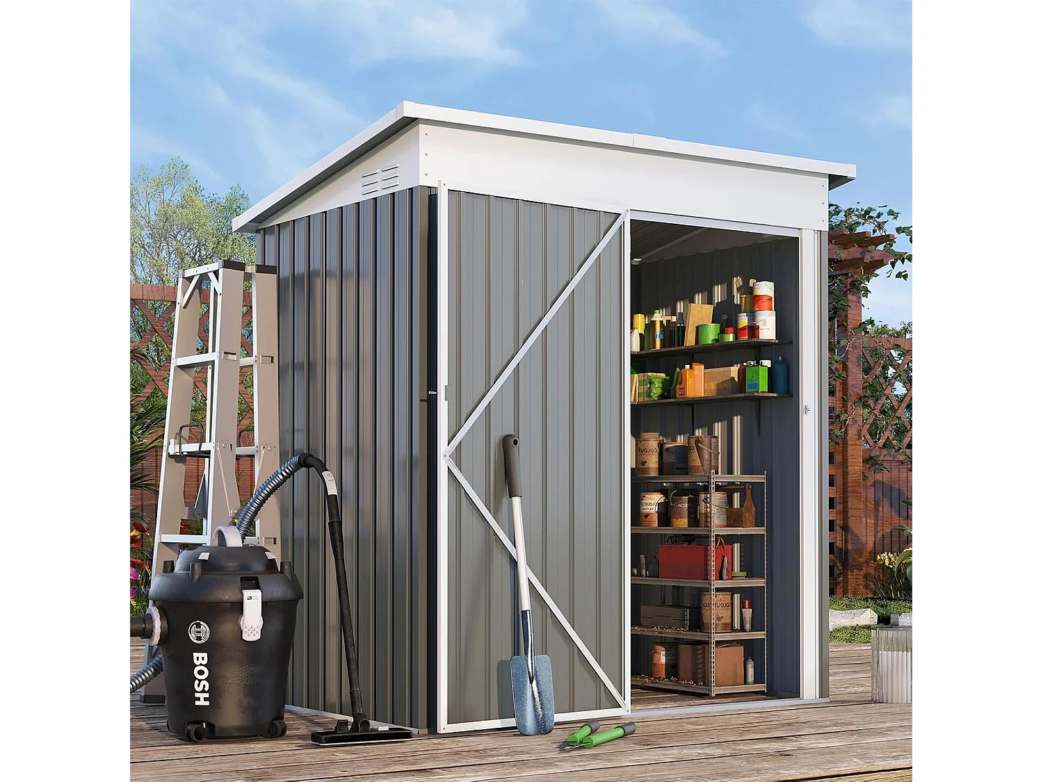 YODOLLA Abri de Jardin en Métal - Cabanon de Rangement Outils avec porte battante - 150 x 86 x 185 CM - Gris