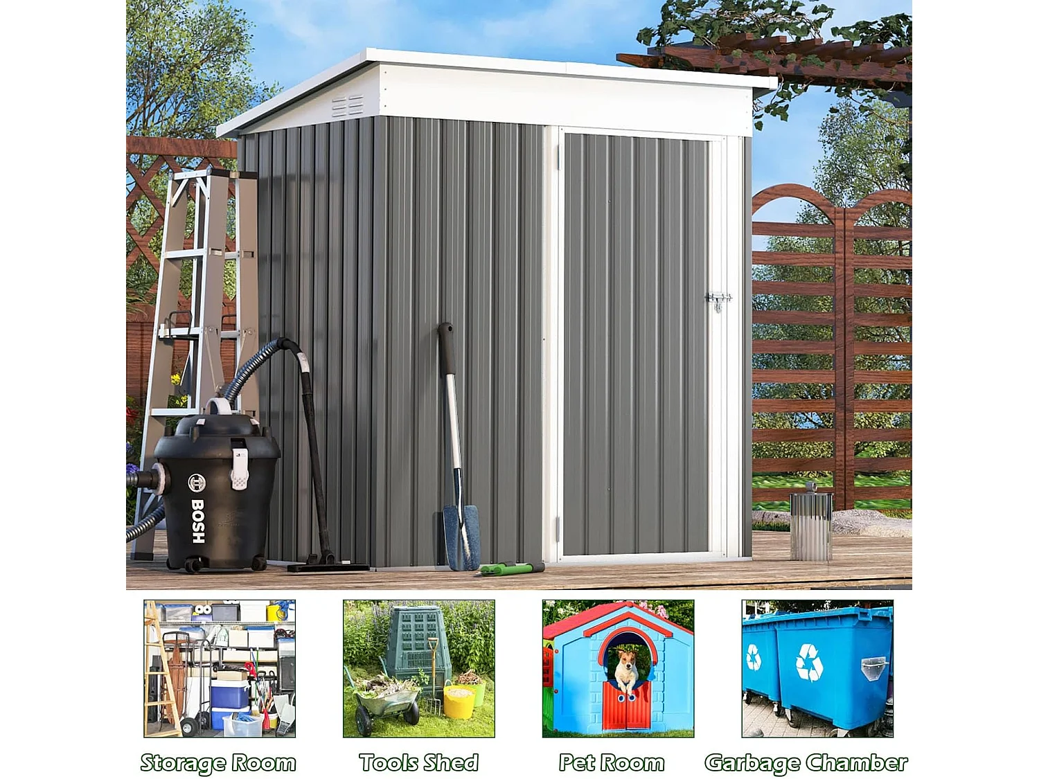 YODOLLA Abri de Jardin en Métal - Cabanon de Rangement Outils avec porte battante - 150 x 86 x 185 CM - Gris