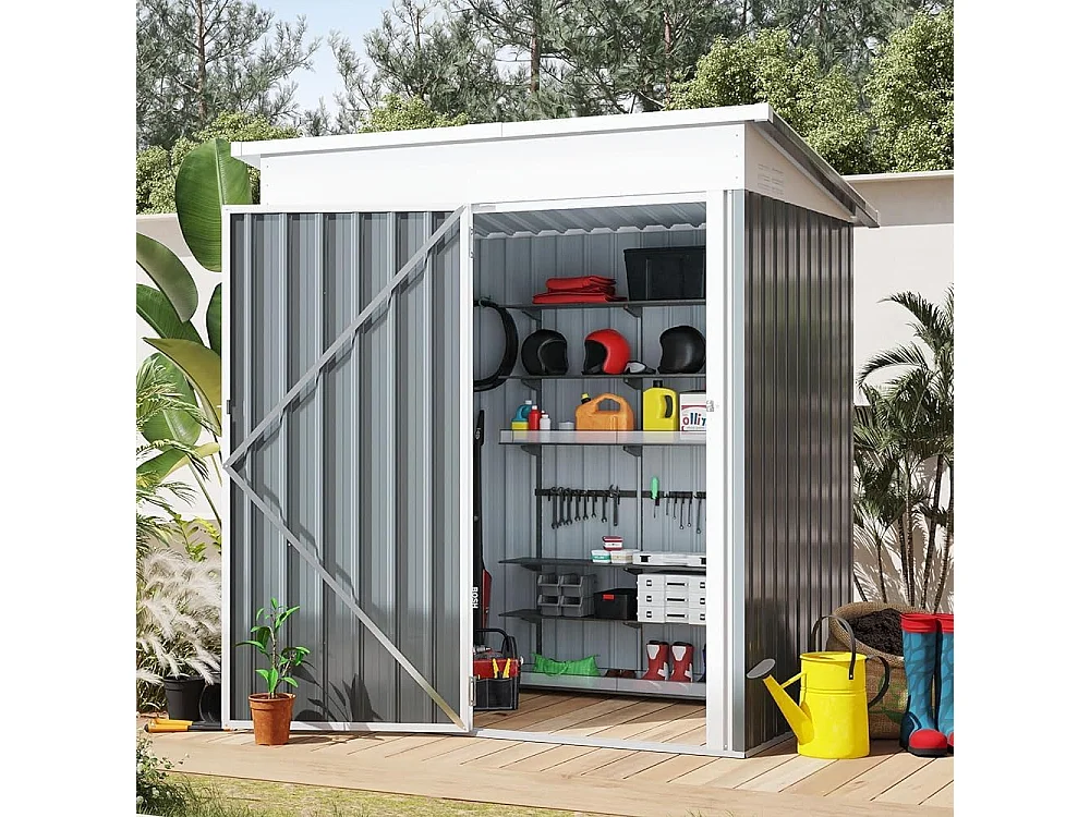 YODOLLA Abri de Jardin en Métal - Cabanon de Rangement Outils avec porte battante - 150 x 86 x 185 CM - Gris