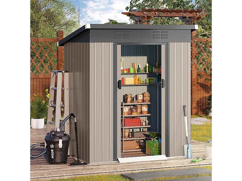 YODOLLA Abri de Jardin en Métal - Cabanon de Rangement Outils - 164 x 96 x 180 CM - Gris