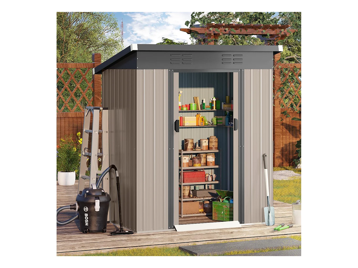 YODOLLA Abri de Jardin en Métal - Cabanon de Rangement Outils - 164 x 96 x 180 CM - Gris