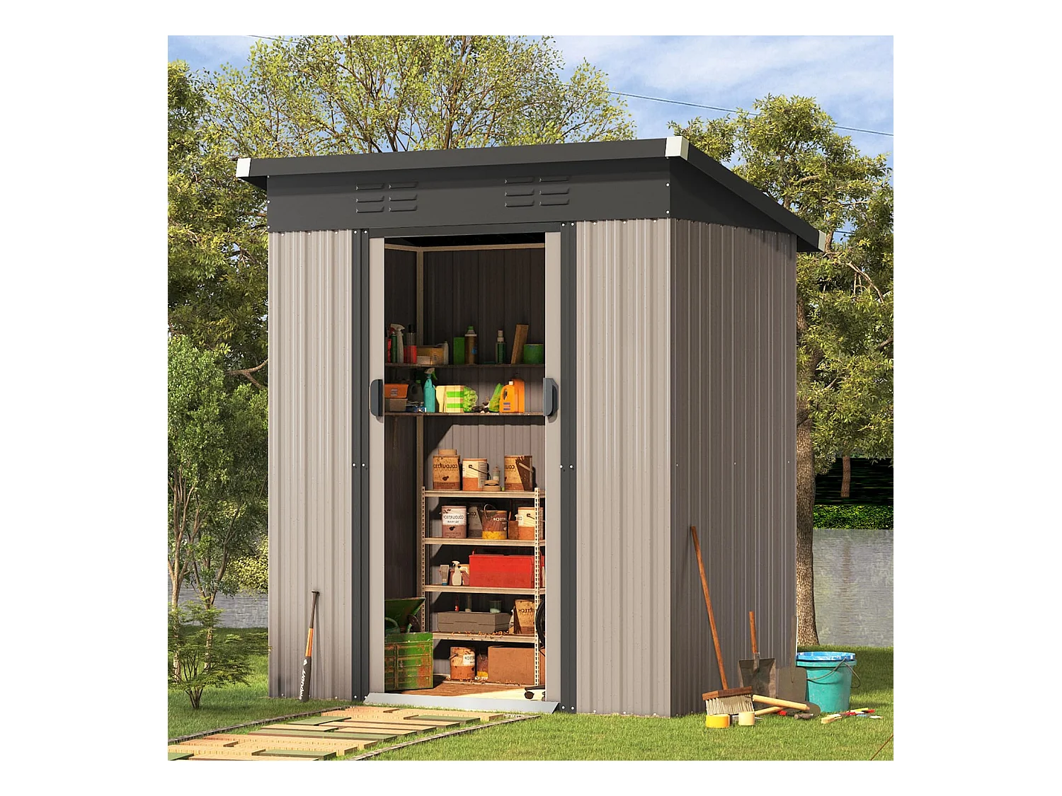 YODOLLA Abri de Jardin en Métal - Cabanon de Rangement Outils - 164 x 96 x 180 CM - Gris