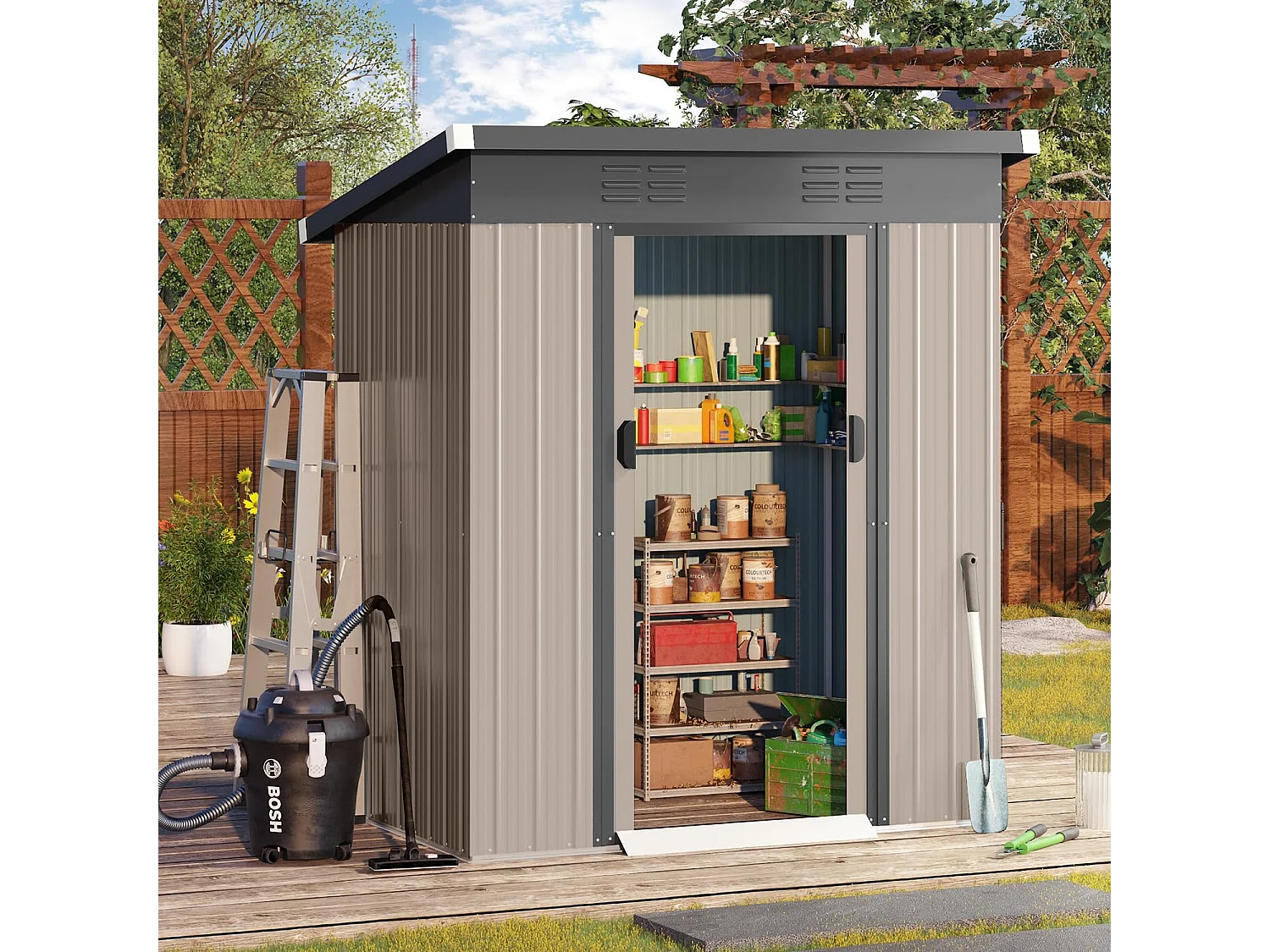 YODOLLA Abri de Jardin en Métal - Cabanon de Rangement Outils - 164 x 96 x 180 CM - Gris