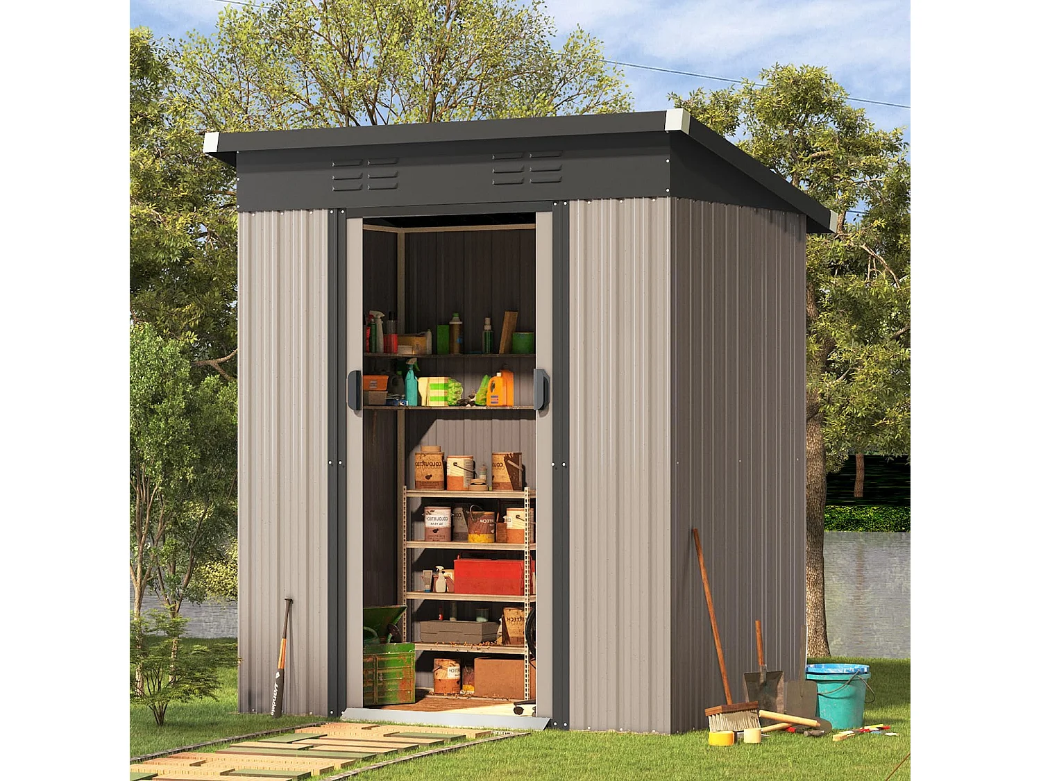 YODOLLA Abri de Jardin en Métal - Cabanon de Rangement Outils - 164 x 96 x 180 CM - Gris