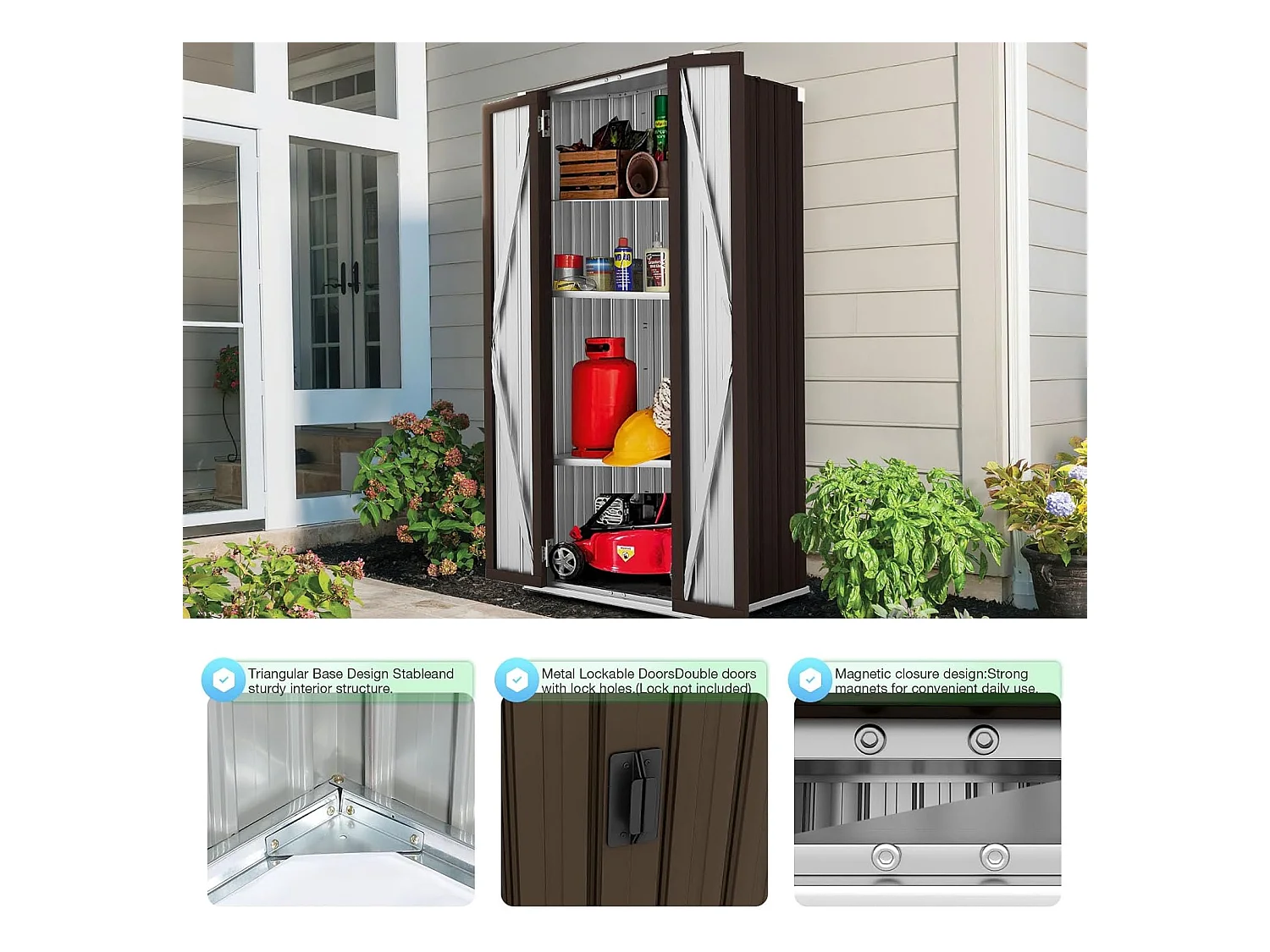 YODOLLA Armoire de Rangement d'extérieur Etanche - Métal - Abri de Jardin à 3 Étagères Modulables - 76 x 55 x 178 CM - Marron